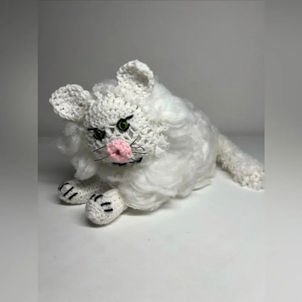 VTG Crochet Cat Kitty White Black Plush Stuffed Animal Tail Unique Handmade